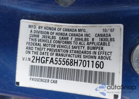 2008 Honda Civic Si/Si Mugen from USA, damaged, VIN 2HGFA55568H701160